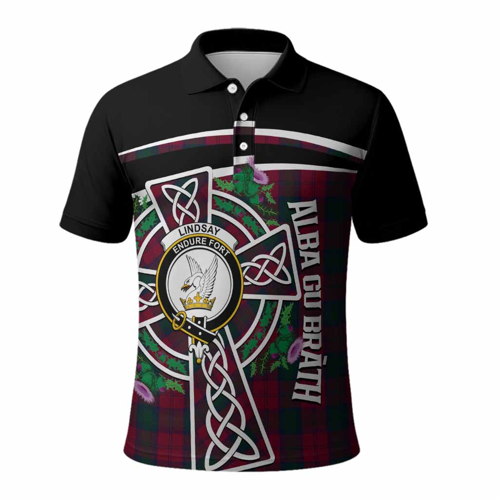 Lindsay Tartan Crest Polo Shirt Scottish Thistle Celtic Cross Alba Gu Brath