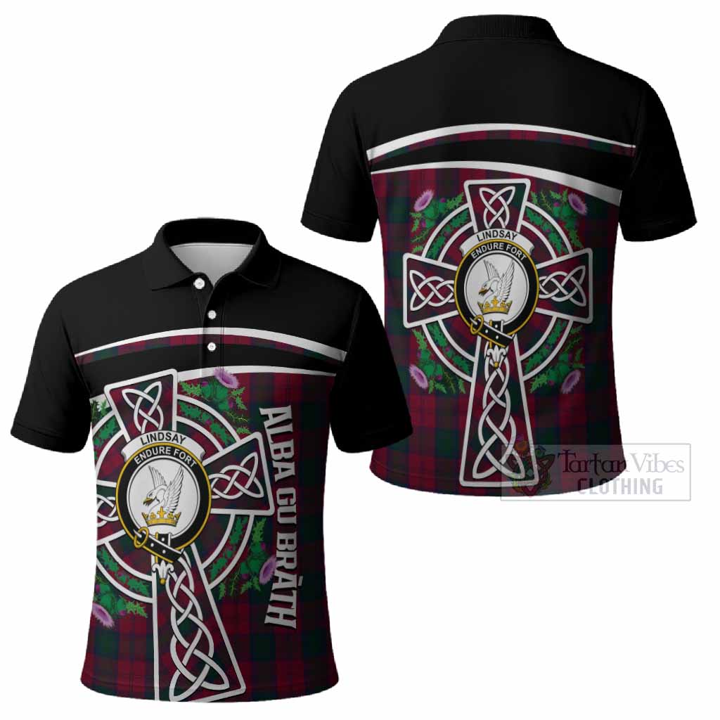 Lindsay Tartan Crest Polo Shirt Scottish Thistle Celtic Cross Alba Gu Brath