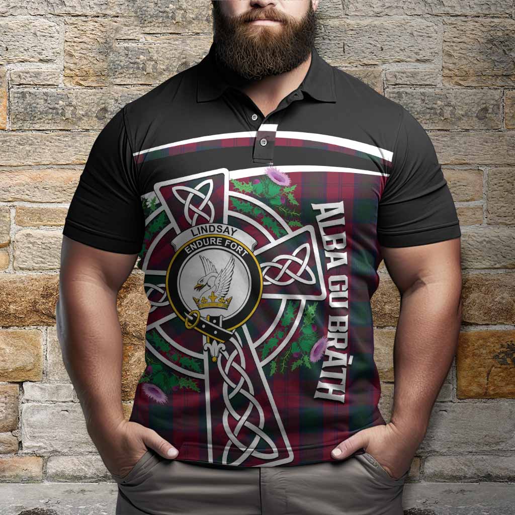 Lindsay Tartan Crest Polo Shirt Scottish Thistle Celtic Cross Alba Gu Brath