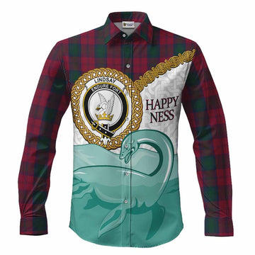 Lindsay Tartan Crest Scottish Loch Ness Monster Long Sleeve Button Shirts Happy Ness Scotland Celtic Knot