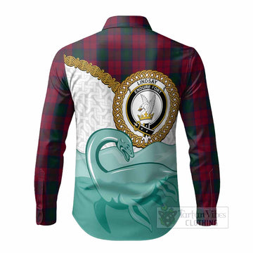 Lindsay Tartan Crest Scottish Loch Ness Monster Long Sleeve Button Shirts Happy Ness Scotland Celtic Knot