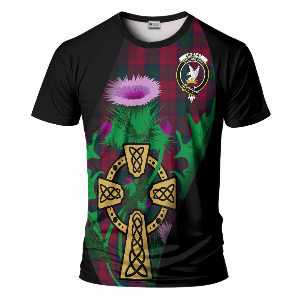 Lindsay Tartan Crest T-Shirt Celtic Cross Thistle Flowers