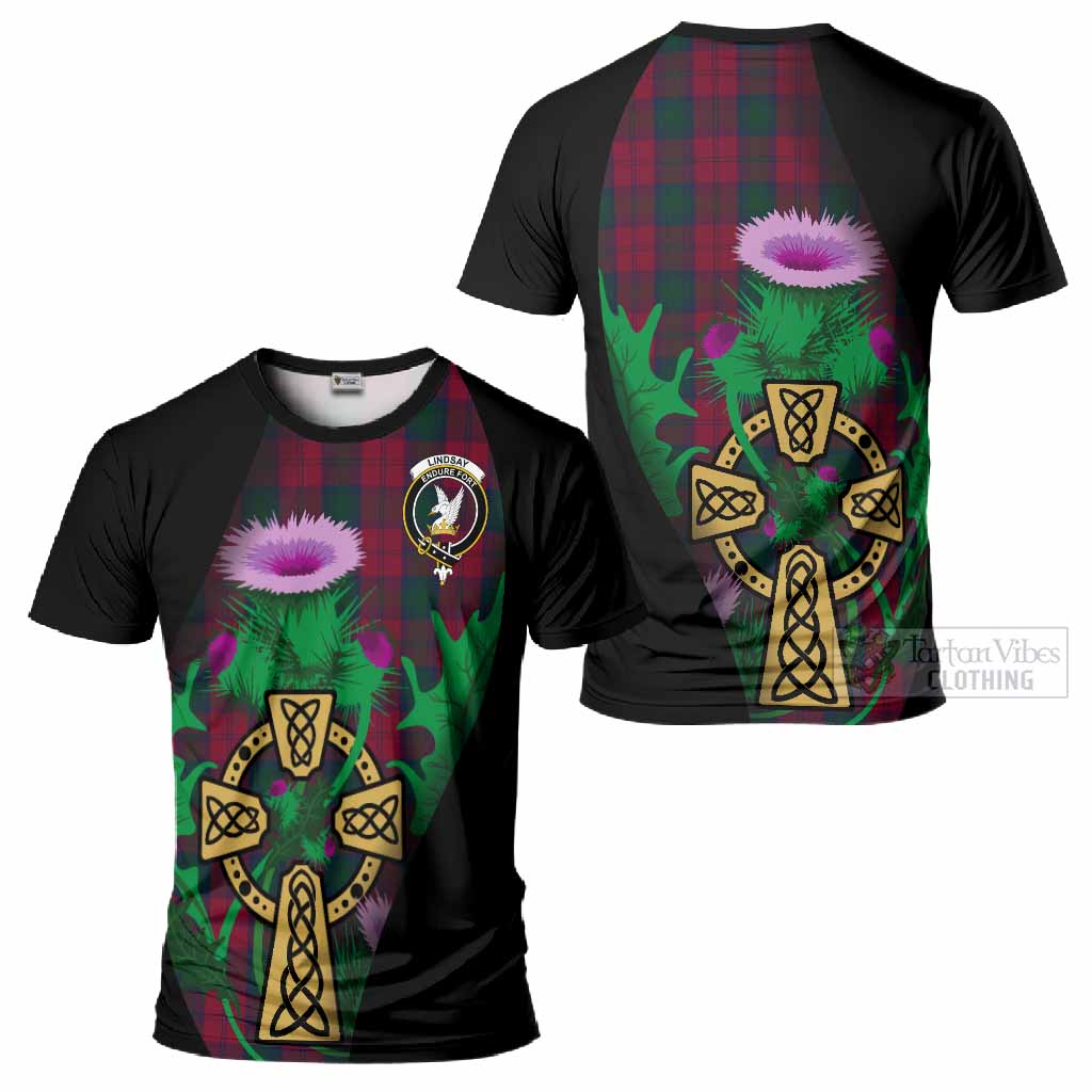 Lindsay Tartan Crest T-Shirt Celtic Cross Thistle Flowers