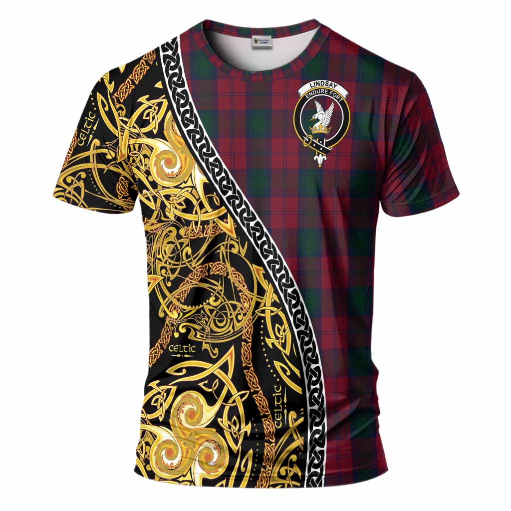 Lindsay Tartan Crest T-Shirt Celtic Knot and Triple Trickle Spiral Symbols
