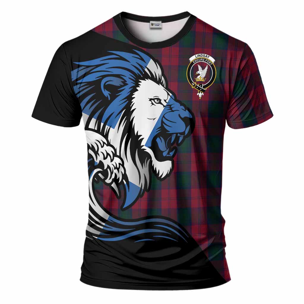 Lindsay Tartan Crest T-Shirt Scottish Golden Lions Wave Flow