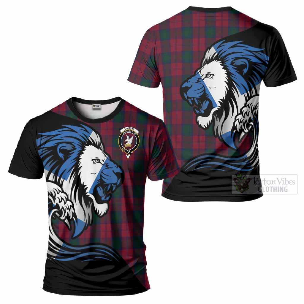 Lindsay Tartan Crest T-Shirt Scottish Golden Lions Wave Flow
