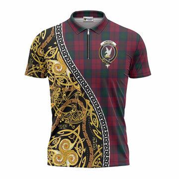 Lindsay Tartan Crest Zipper Polo Shirt Celtic Knot and Triple Trickle Spiral Symbols