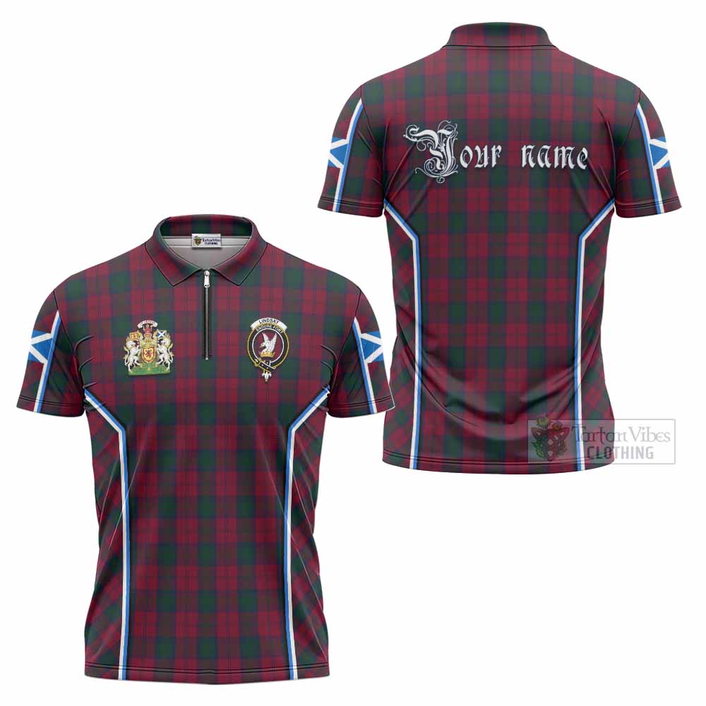 Lindsay Tartan Crest Zipper Polo Shirt Scotland Coat of Arm Flag Style - Tartan Vibes Clothing