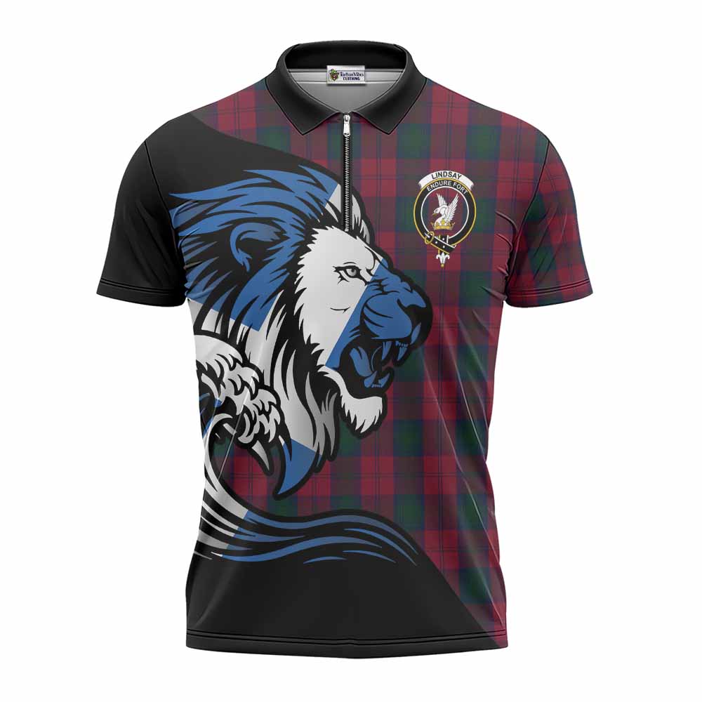 Lindsay Tartan Crest Zipper Polo Shirt Scottish Golden Lions Wave Flow