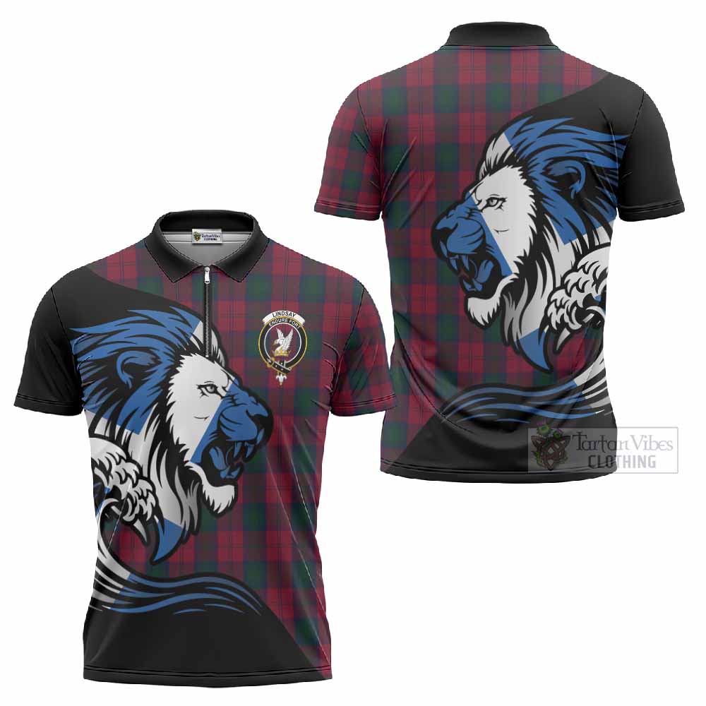 Lindsay Tartan Crest Zipper Polo Shirt Scottish Golden Lions Wave Flow