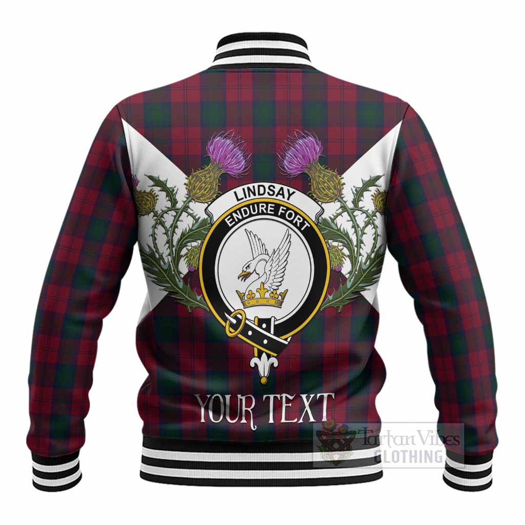 Lindsay Tartan Family Crest Baseball Jacket Scottish Burns Night Thistle Floral