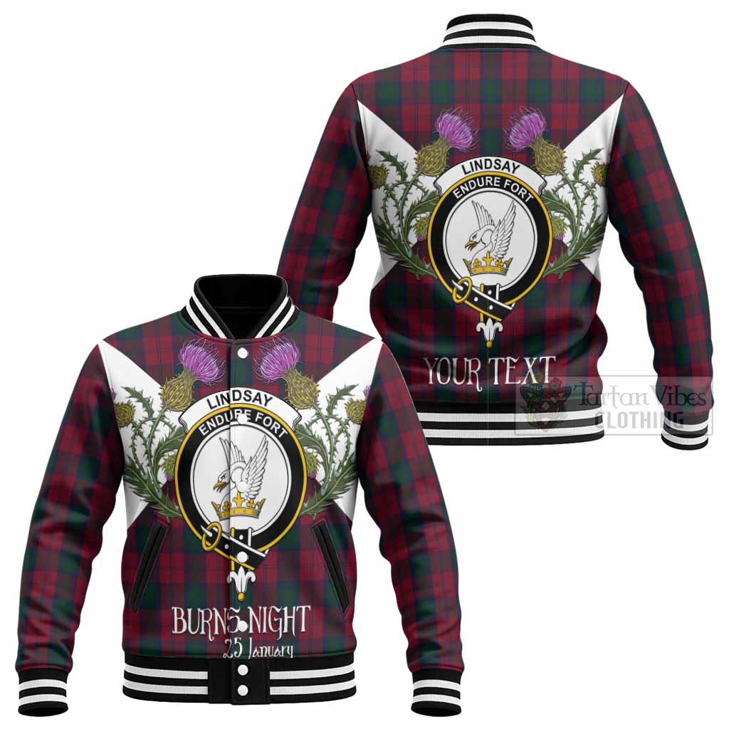 Lindsay Tartan Family Crest Baseball Jacket Scottish Burns Night Thistle Floral