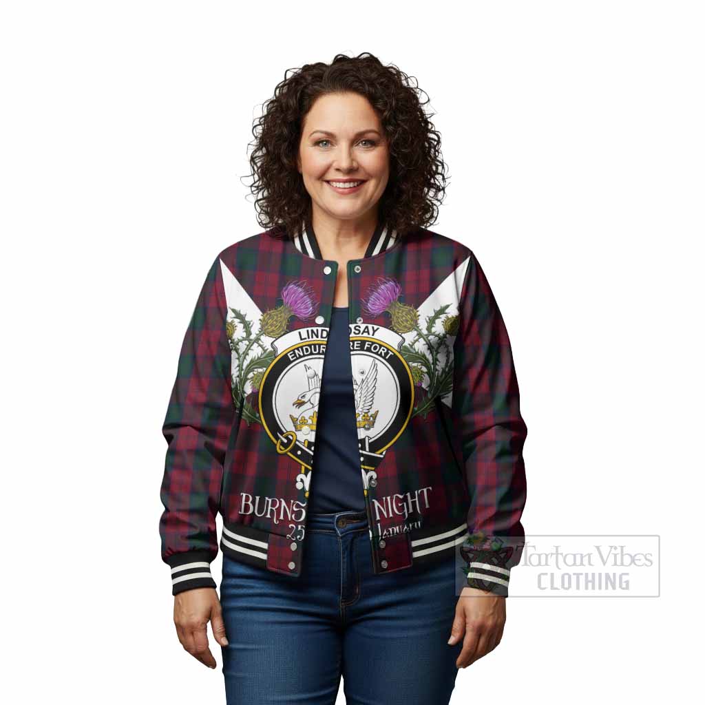 Lindsay Tartan Family Crest Baseball Jacket Scottish Burns Night Thistle Floral