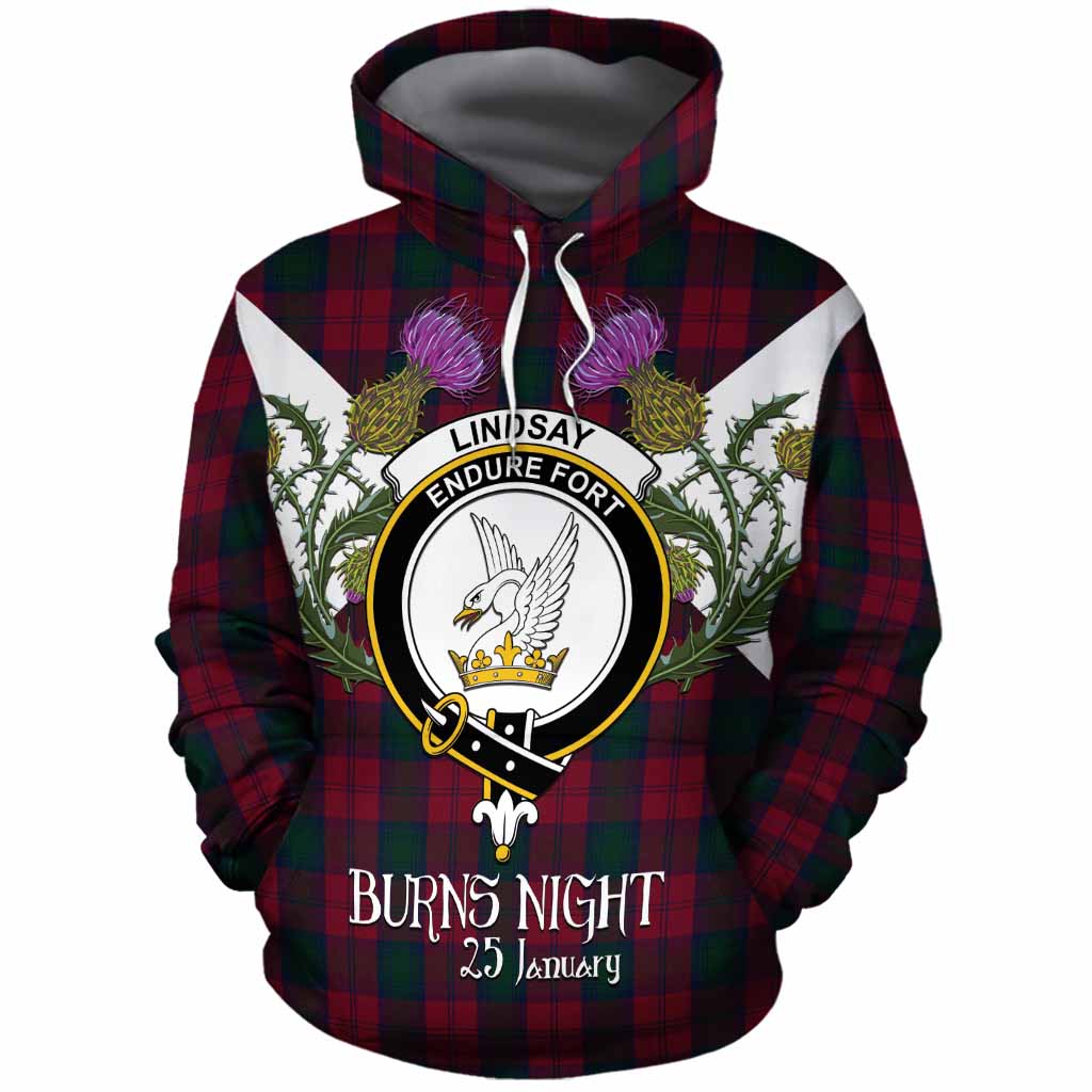Lindsay Tartan Family Crest Cotton Hoodie Scottish Burns Night Thistle Floral