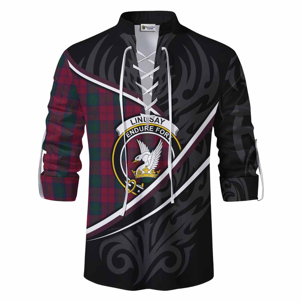 Lindsay Tartan Family Crest Ghillie Kilt Shirt Celtic Scottish Thistle Floral - Tartan Vibes Clothing