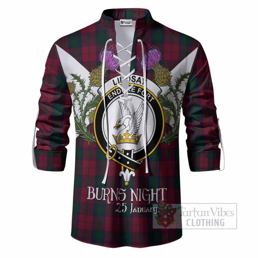 Lindsay Tartan Family Crest Ghillie Shirt Scottish Burns Night Thistle Floral