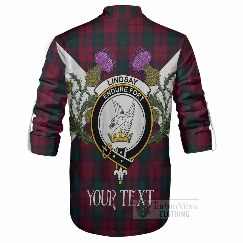 Lindsay Tartan Family Crest Ghillie Shirt Scottish Burns Night Thistle Floral