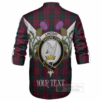Lindsay Tartan Family Crest Ghillie Shirt Scottish Burns Night Thistle Floral