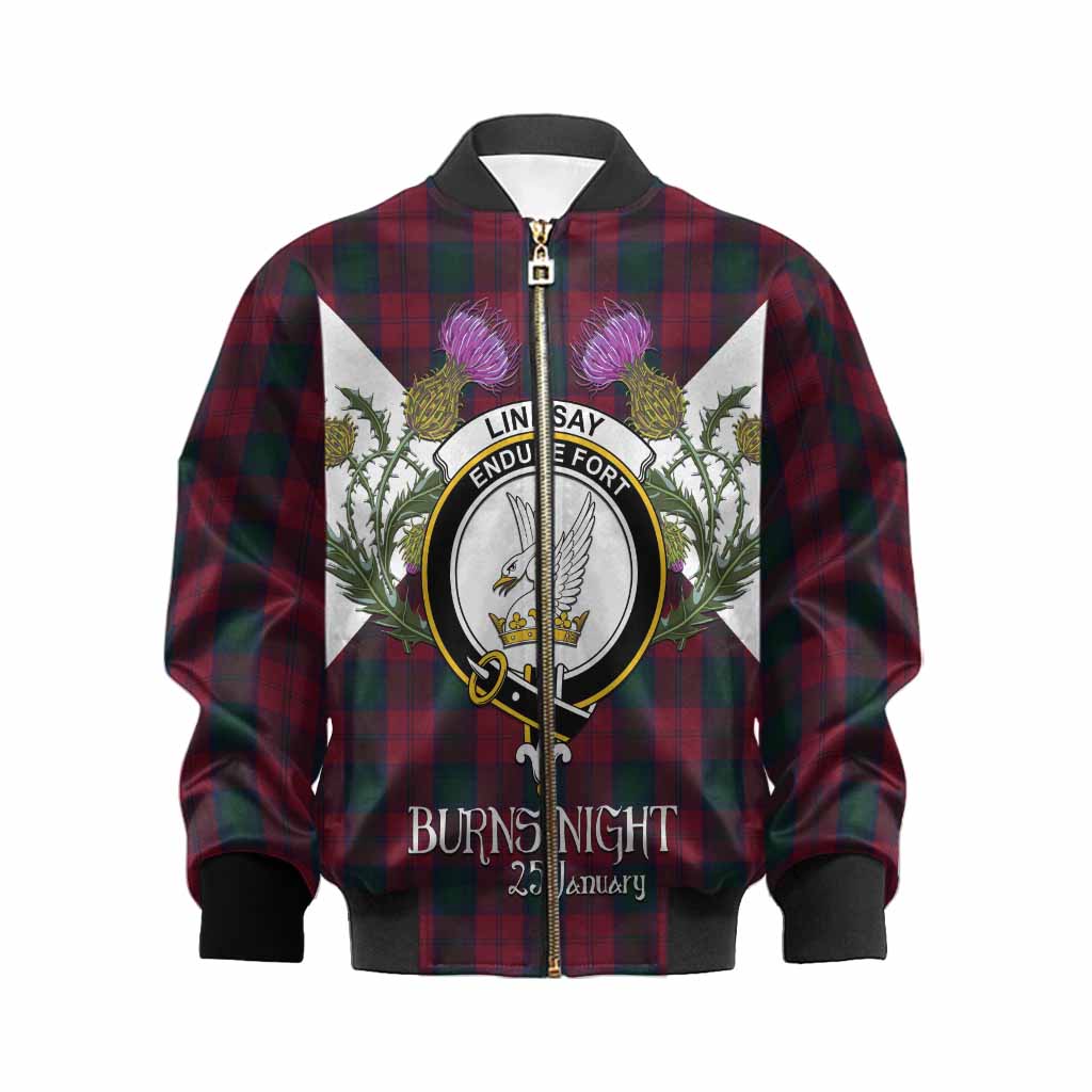 Lindsay Tartan Family Crest Kid Bomber Jacket Scottish Burns Night Thistle Floral