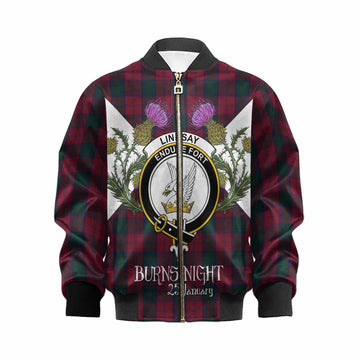 Lindsay Tartan Family Crest Kid Bomber Jacket Scottish Burns Night Thistle Floral