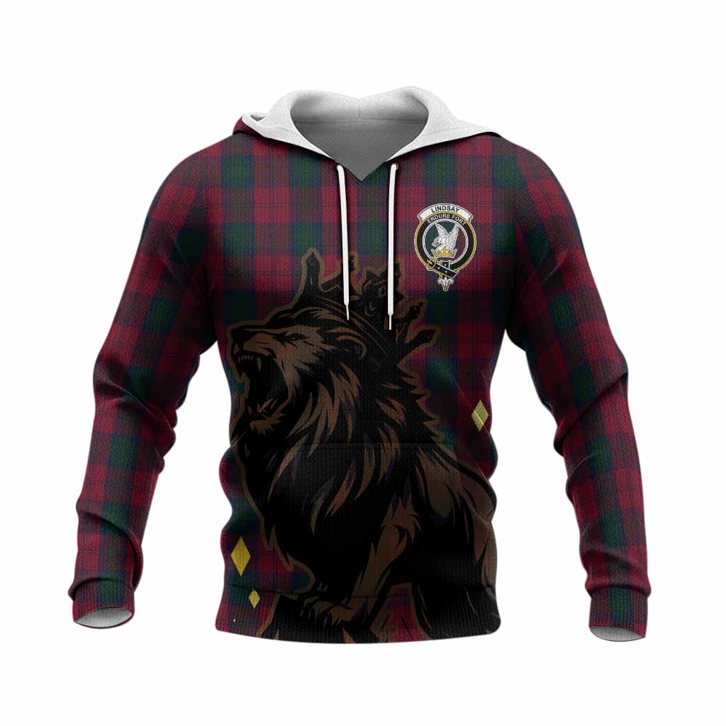 Lindsay Tartan Family Crest Knitted Hoodie Crowned Lion Roaring