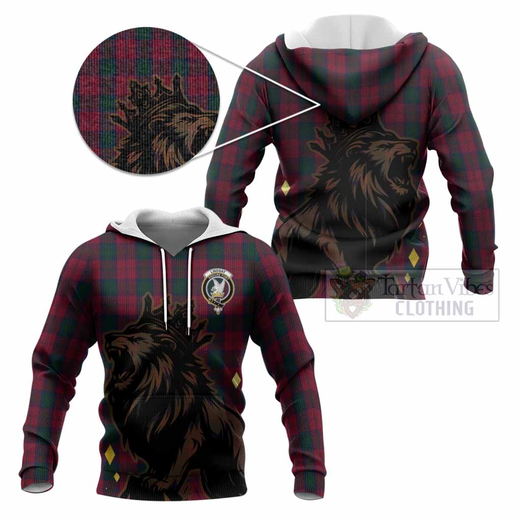 Lindsay Tartan Family Crest Knitted Hoodie Crowned Lion Roaring