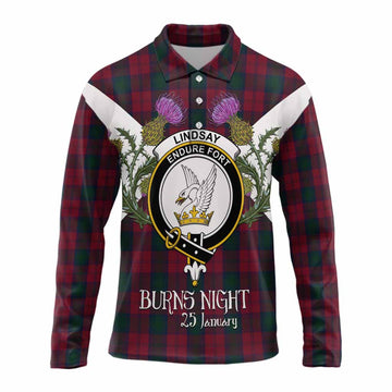 Lindsay Tartan Family Crest Long Sleeve Polo Shirt Scottish Burns Night Thistle Floral
