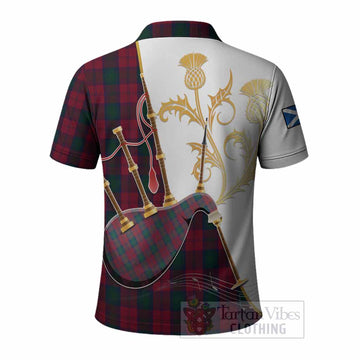 Lindsay Tartan Family Crest Polo Shirt Bagpipes with Scottish Thistle