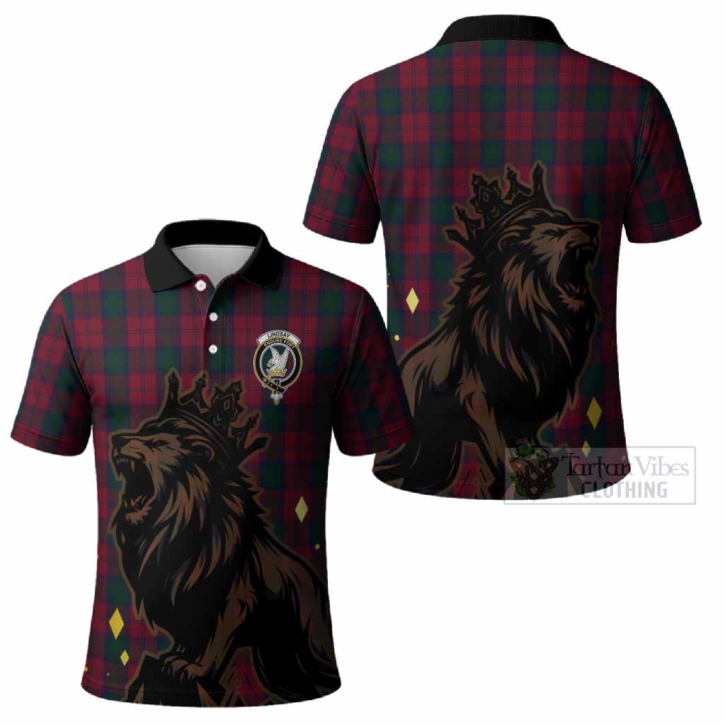 Lindsay Tartan Family Crest Polo Shirt Crowned Lion Roaring