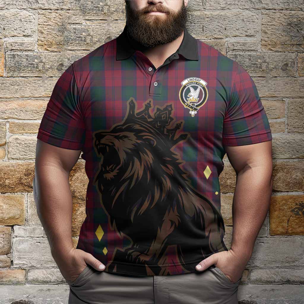Lindsay Tartan Family Crest Polo Shirt Crowned Lion Roaring