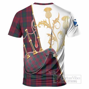 Lindsay Tartan Family Crest T-Shirt Bagpipes with Scottish Thistle
