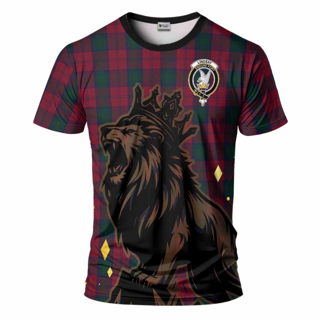 Lindsay Tartan Family Crest T-Shirt Crowned Lion Roaring
