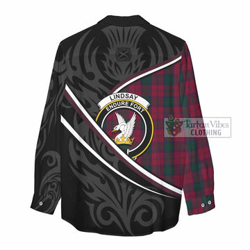 Lindsay Tartan Family Crest Women Casual Shirt Celtic Scottish Thistle Floral