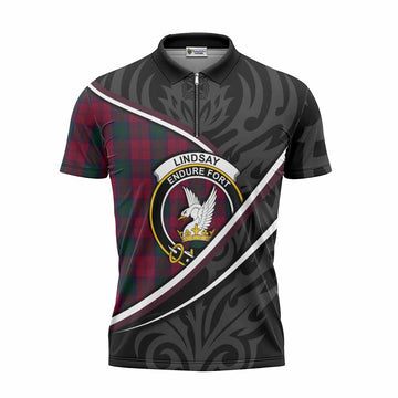 Lindsay Tartan Family Crest Zipper Polo Shirt Celtic Scottish Thistle Floral