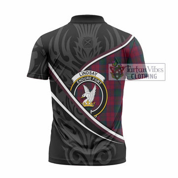 Lindsay Tartan Family Crest Zipper Polo Shirt Celtic Scottish Thistle Floral