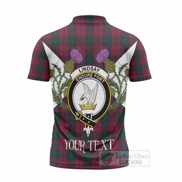 Lindsay Tartan Family Crest Zipper Polo Shirt Scottish Burns Night Thistle Floral
