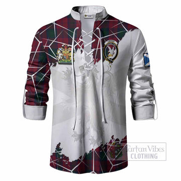Lindsay Tartan Ghillie Shirt with Family Crest and Lion Rampant Grunge Style