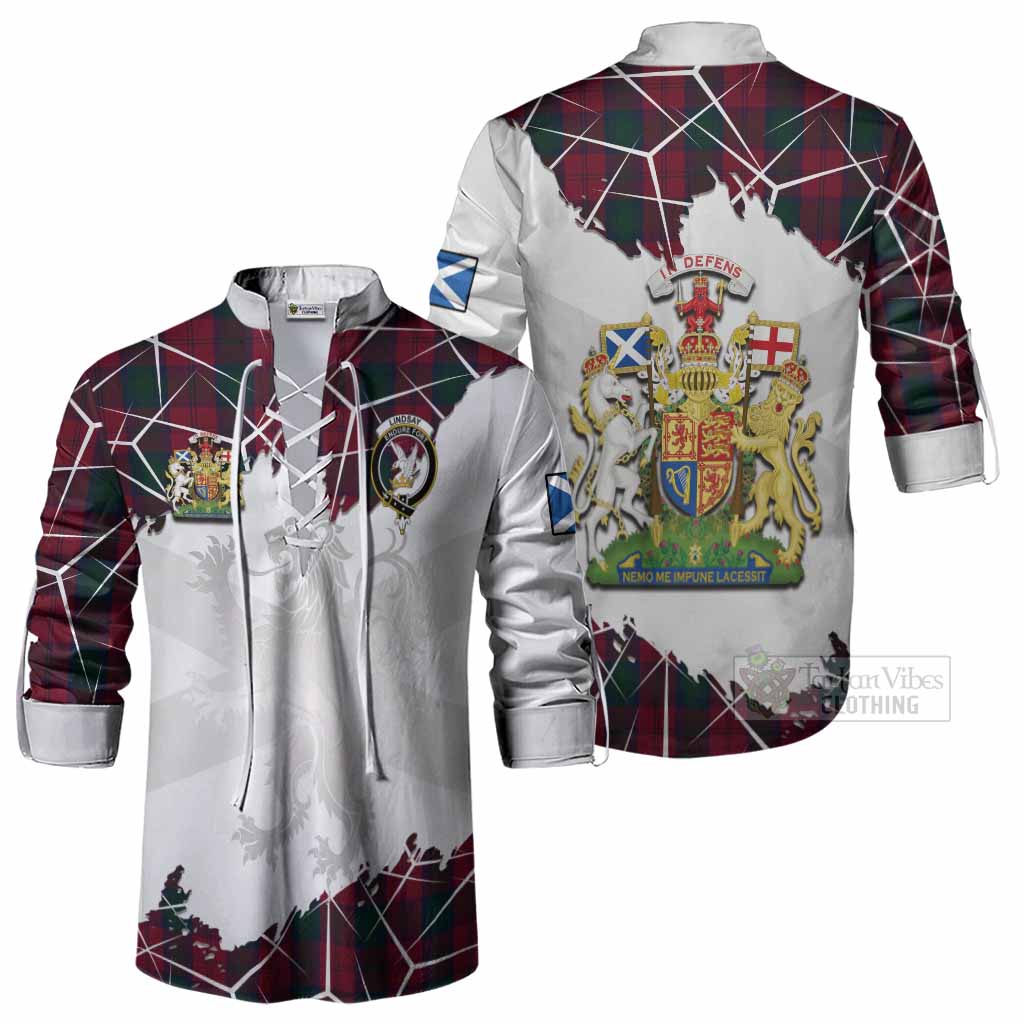 Lindsay Tartan Ghillie Shirt with Family Crest and Lion Rampant Grunge Style