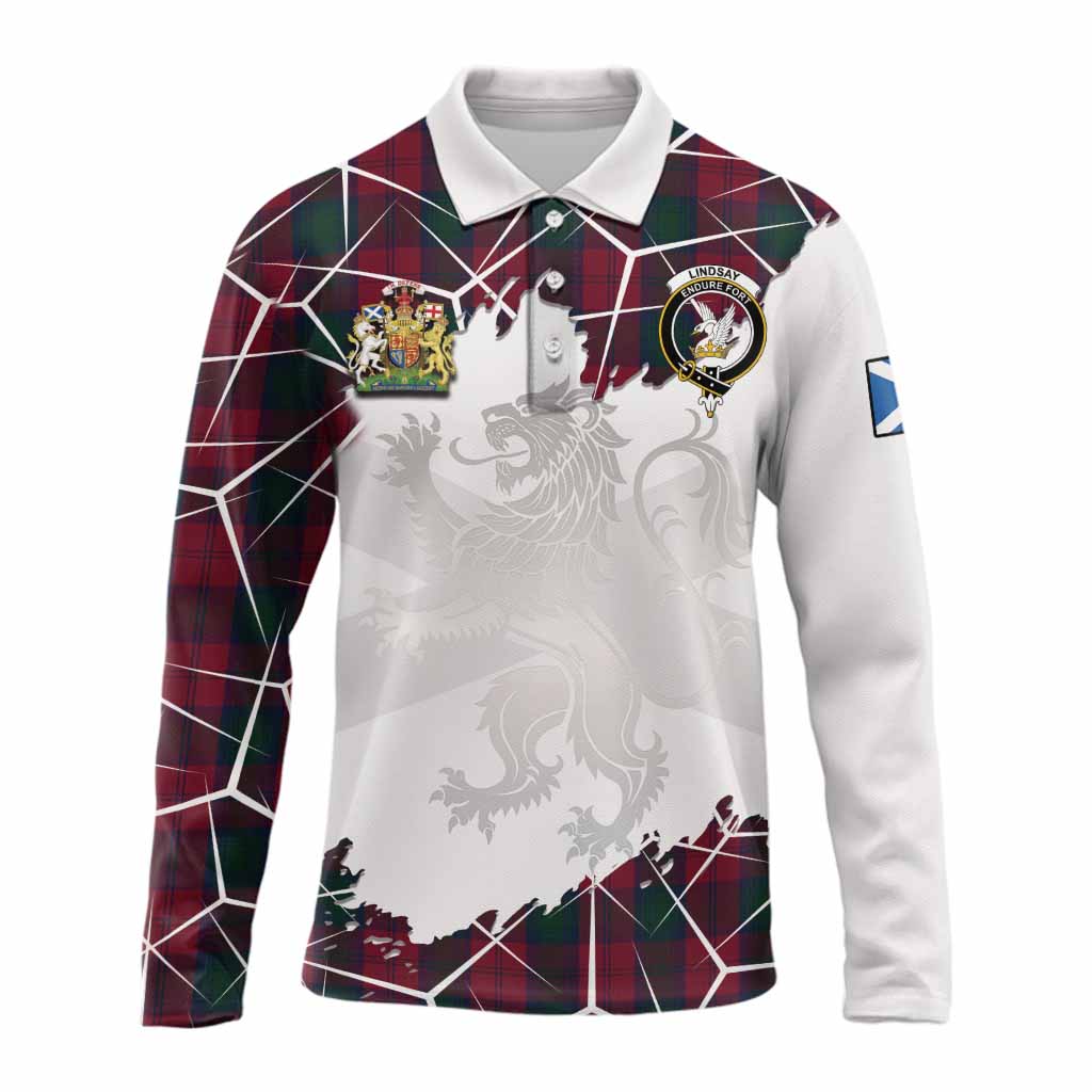 Lindsay Tartan Long Sleeve Polo Shirt with Family Crest and Lion Rampant Grunge Style
