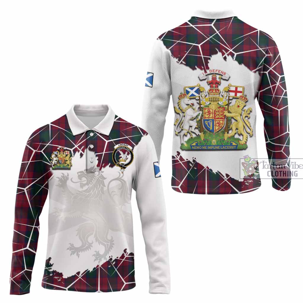 Lindsay Tartan Long Sleeve Polo Shirt with Family Crest and Lion Rampant Grunge Style