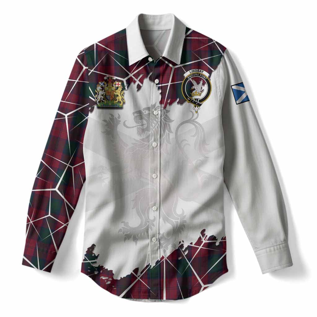 Lindsay Tartan Women Casual Shirt with Family Crest and Lion Rampant Grunge Style