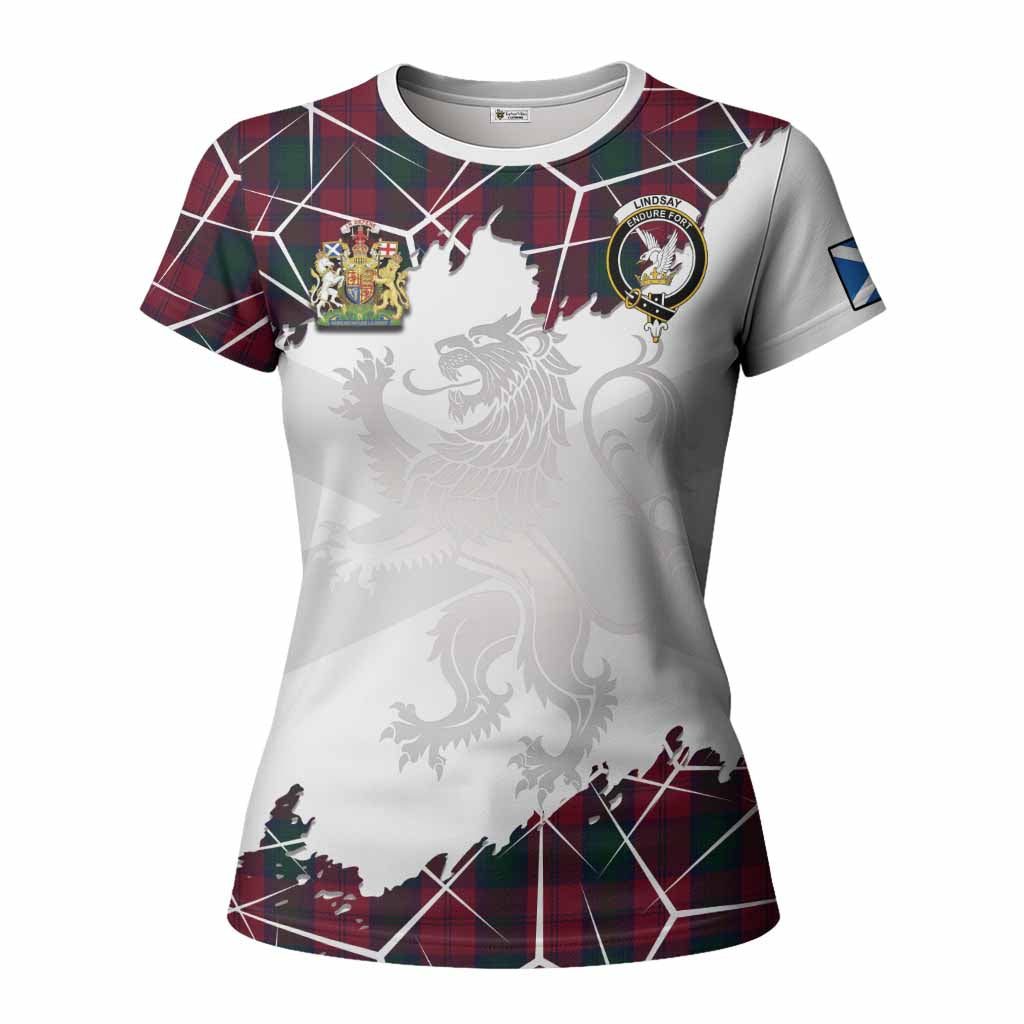 Lindsay Tartan Women T shirt with Family Crest and Lion Rampant Grunge Style