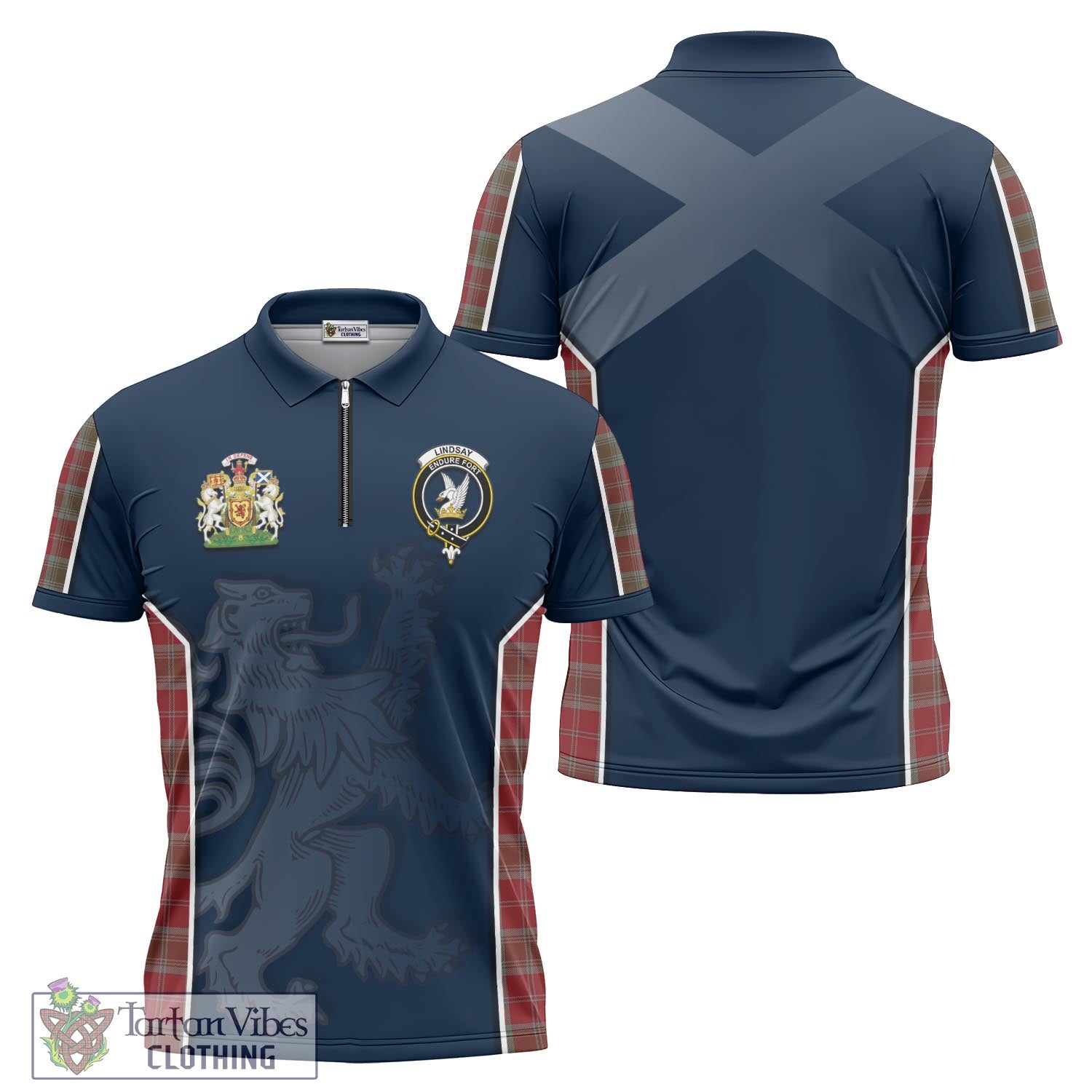 Tartan Vibes Clothing Lindsay Weathered Tartan Zipper Polo Shirt with Family Crest and Lion Rampant Vibes Sport Style
