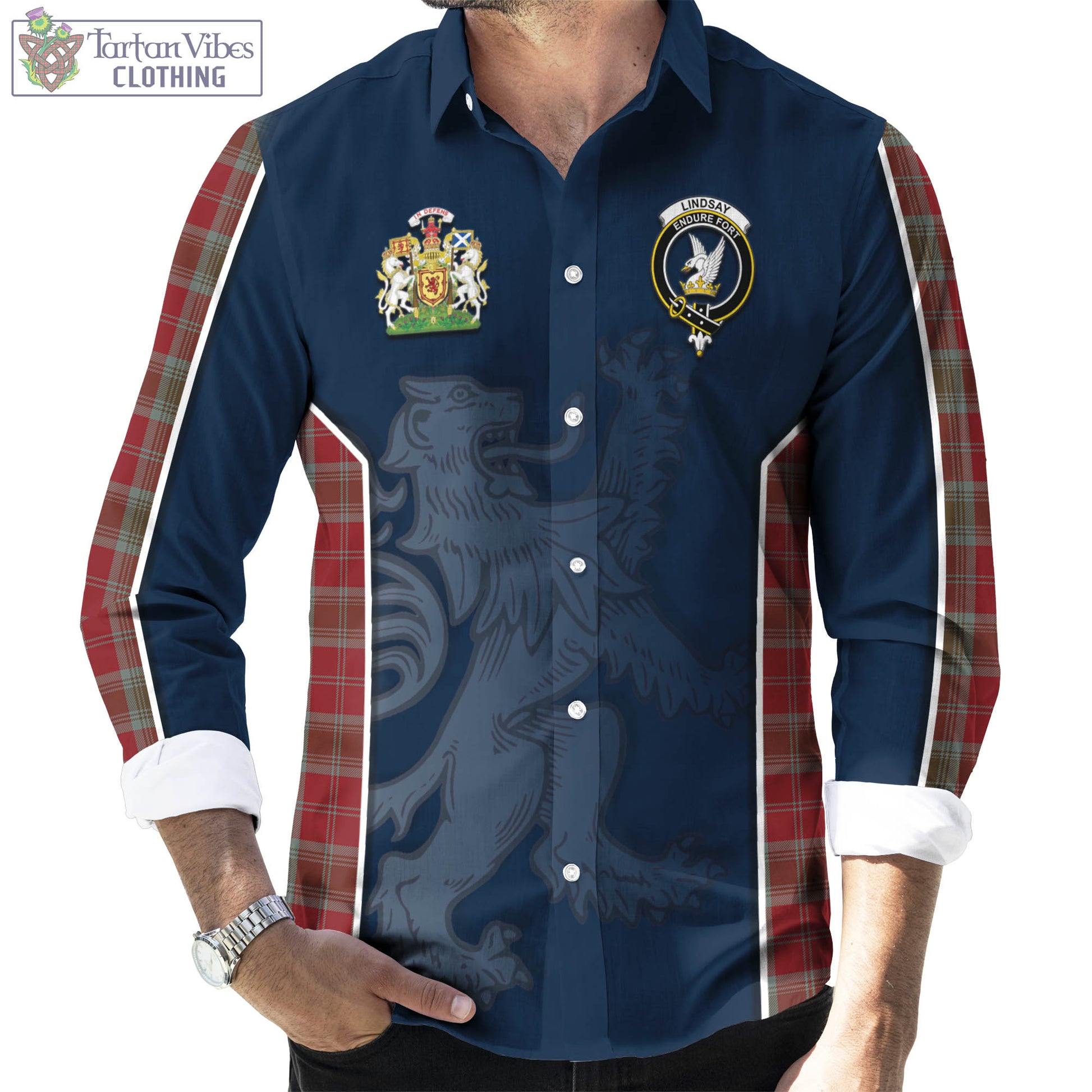 Tartan Vibes Clothing Lindsay Weathered Tartan Long Sleeve Button Up Shirt with Family Crest and Lion Rampant Vibes Sport Style