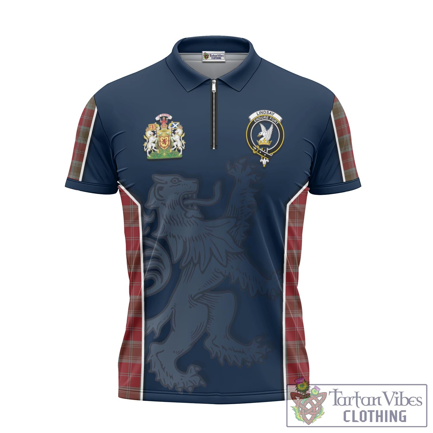 Tartan Vibes Clothing Lindsay Weathered Tartan Zipper Polo Shirt with Family Crest and Lion Rampant Vibes Sport Style