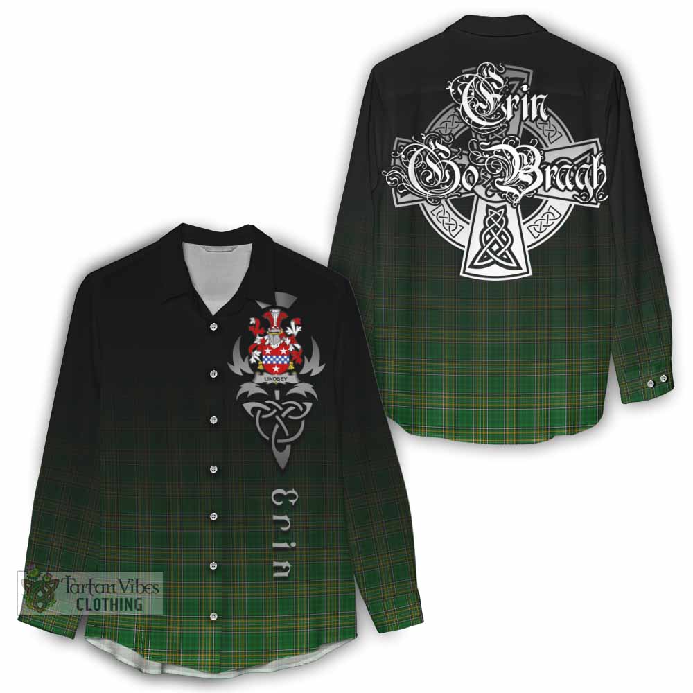 Tartan Vibes Clothing Lindsey Irish Clan Women's Casual Shirt with Coat of Arms Erin Go Bragh Celtic Inspired