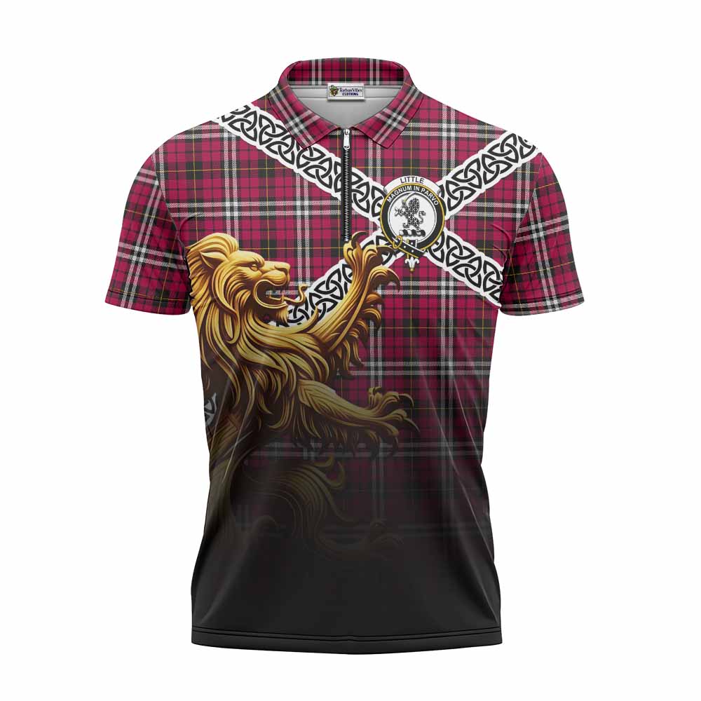 Tartan Vibes Clothing Little Crest Tartan Zipper Polo Shirt with Golden Lion Emblem Celtic Style