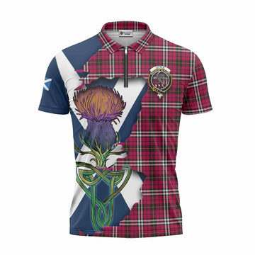 Little Tartan Family Crest Zipper Polo Shirt Scottish Thistle Celtic Inspired