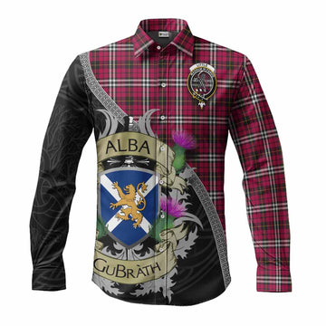 Little Tartan Family Crest Long Sleeve Button Shirt Lion Rampant Royal Thistle Shield Celtic Inspired