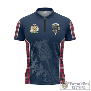 Little Tartan Zipper Polo Shirt with Family Crest and Scottish Thistle Vibes Sport Style